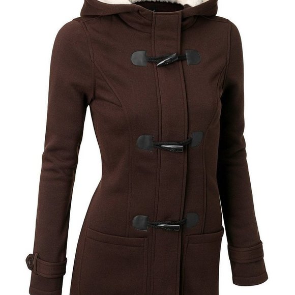 Pea Coat Jacket Brown Hood Toggles& Zipper Pockets - Picture 4 of 16